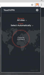Інтерфейс розширення TouchVPN у браузері Google Chrome з кнопкою підключення до VPN.