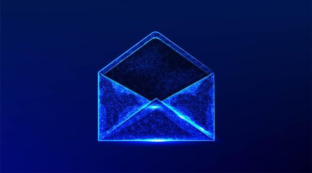 Світиться синій конверт у стилі цифрової графіки на темному фоні.