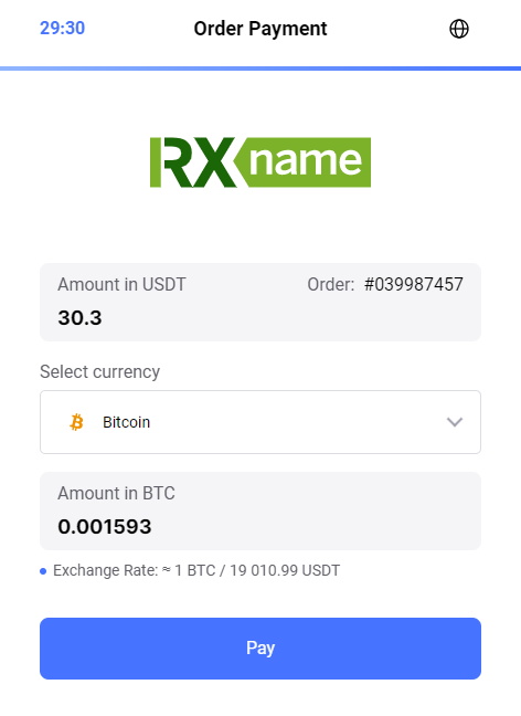 Сторінка оплати замовлення RX-NAME з вибором криптовалюти Bitcoin.