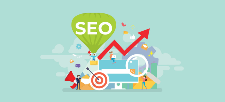 SEO-оптимізація з діаграмами, стрілками та лупою, що символізують зростання веб-сайту.