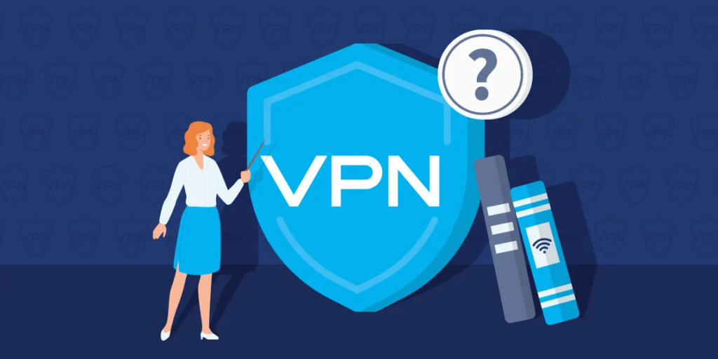 Жінка поруч із VPN щитом і знаком питання.