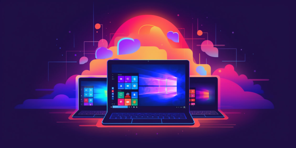 Ноутбуки з Windows на фоні хмарного сервісу як символ віртуального сервера VPS.