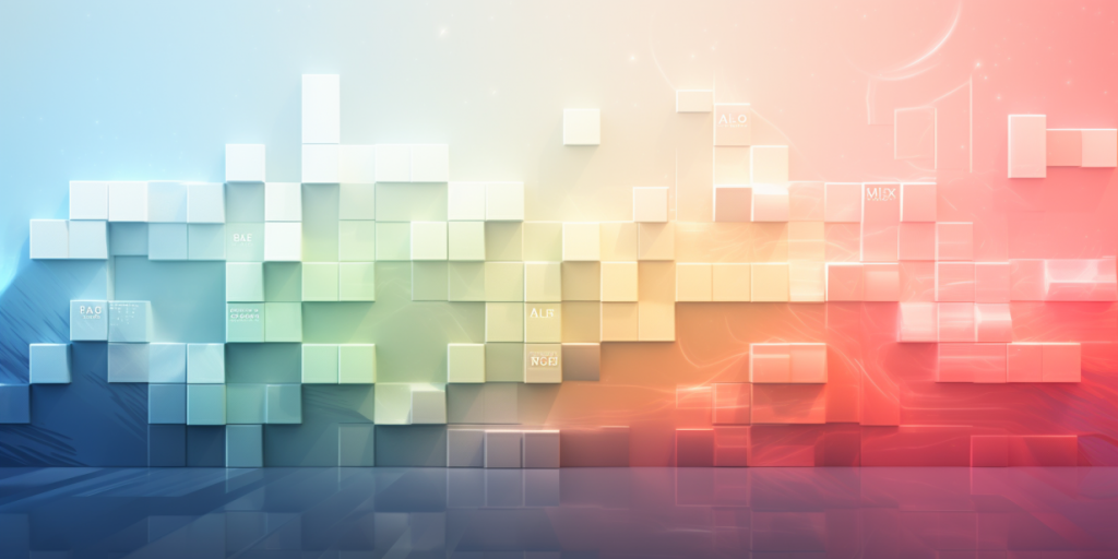 Abstract composition of white blocks on a blue to red gradient background.