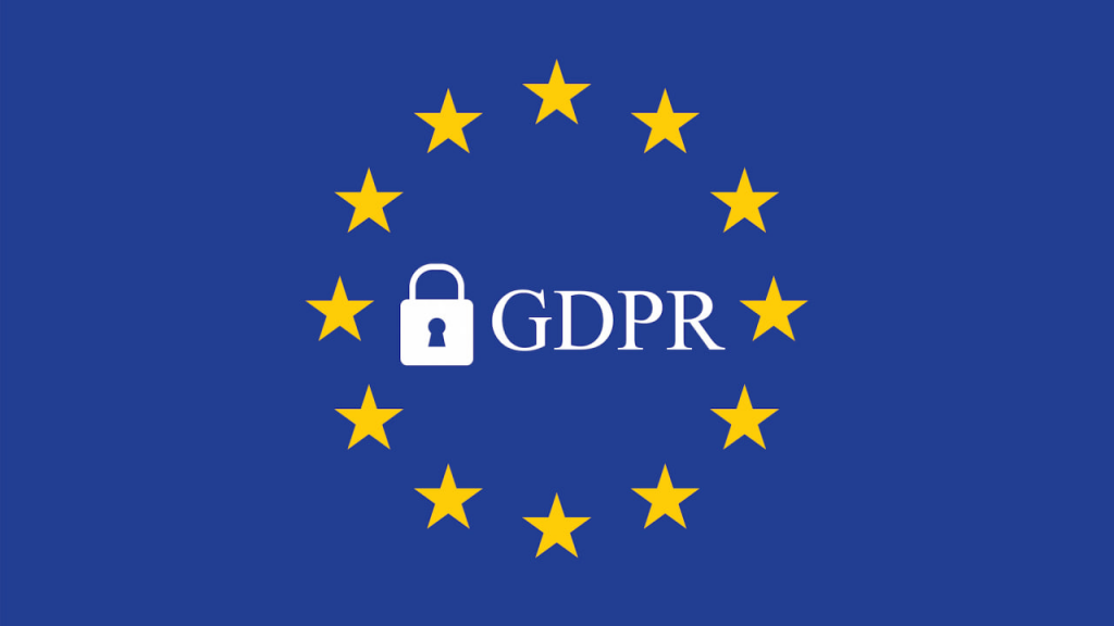 Синій фон із жовтими зірками у колі, в центрі напис GDPR та піктограма замка, що символізує захист даних.