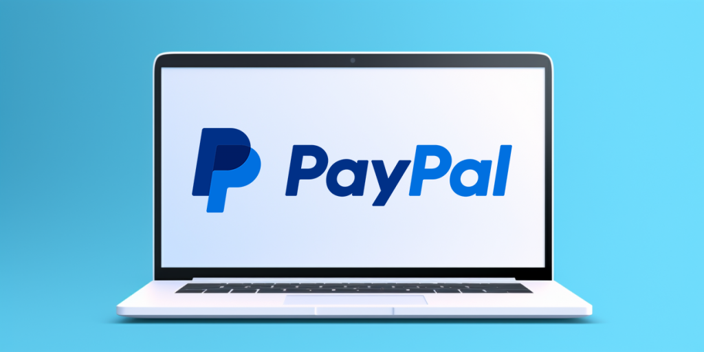 Ноутбук із відкритим екраном, на якому відображено логотип PayPal, на фоні блакитного градієнта.