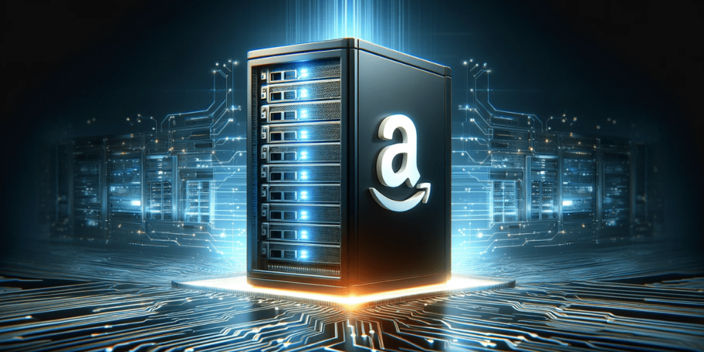Серверний блок із логотипом Amazon, оточений віртуальними мережами та світловими потоками даних.