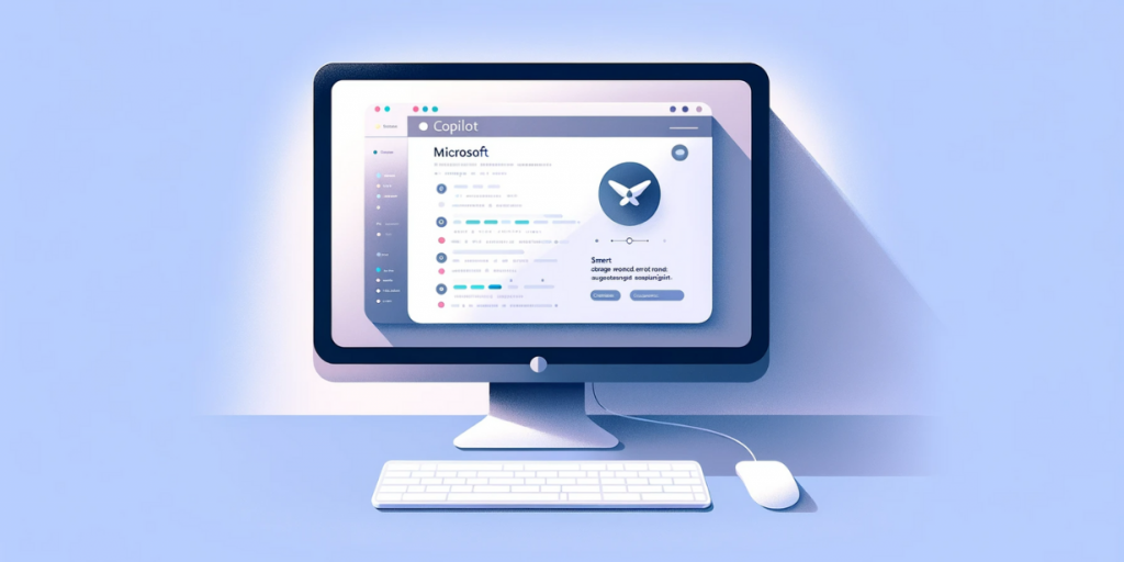 Комп’ютер із відкритим інтерфейсом Microsoft Copilot на екрані, виконаний у світлих відтінках синього.