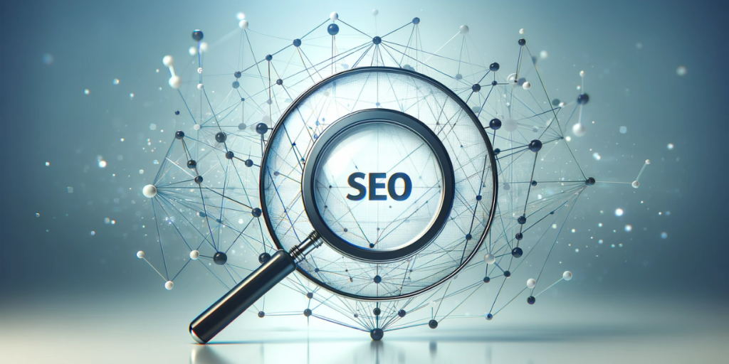 Лупа з написом "SEO" у центрі, оточена мережею з’єднаних точок і ліній, що нагадує структуру інтернету.