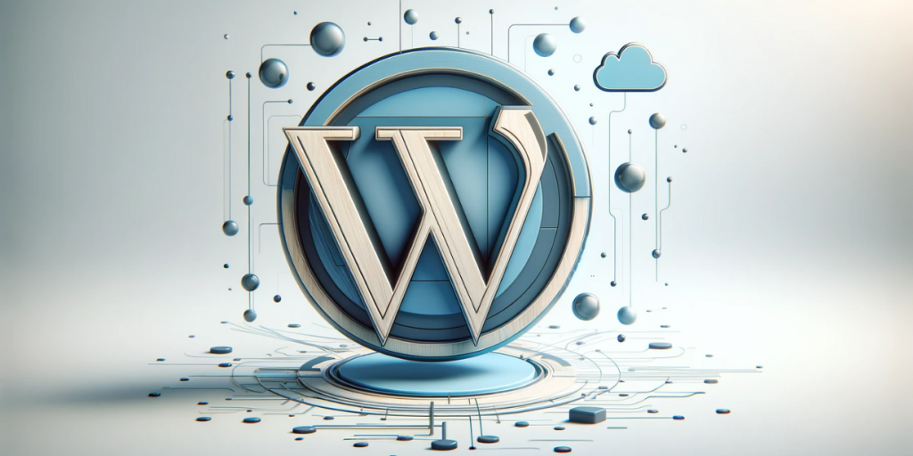 Логотип WordPress у центрі, оточений абстрактними технологічними елементами та хмарою на фоні.