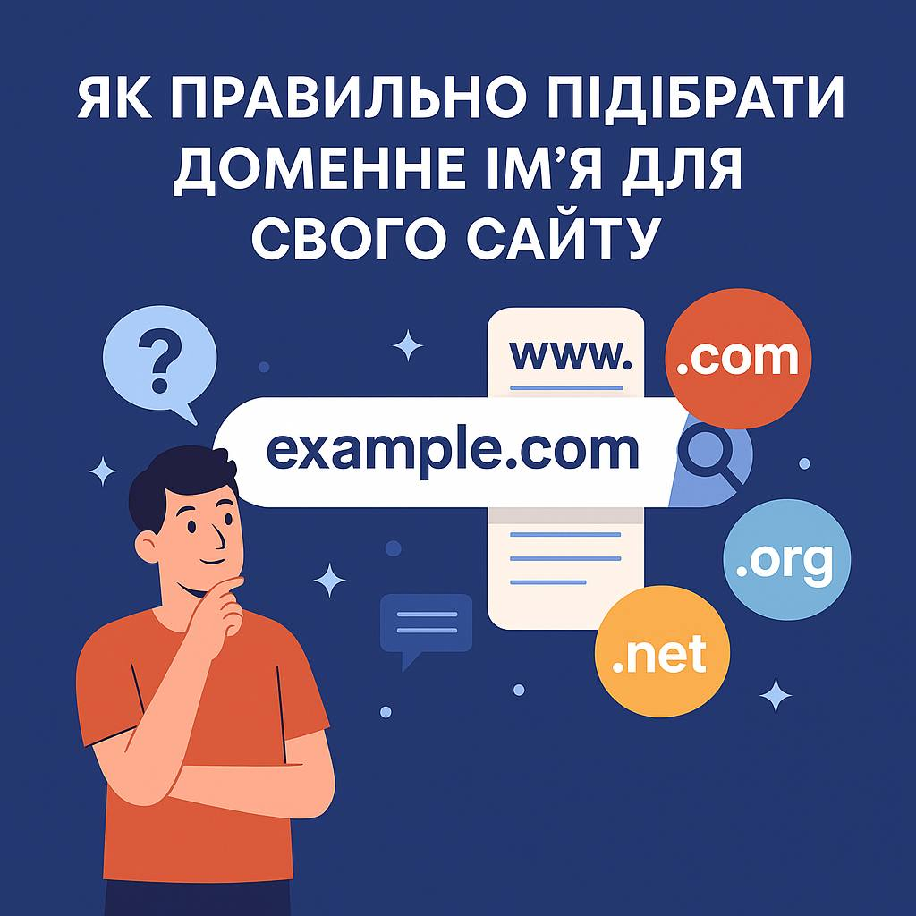 Ілюстрація з чоловіком, який замислено дивиться на приклад доменного імені "example.com". Навколо нього зображені іконки з популярними доменними зонами .com, .org, .net та напис "Як правильно підібрати доменне ім’я для свого сайту".
