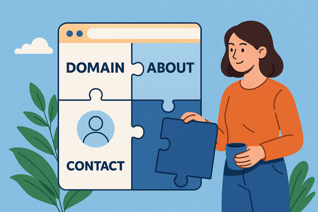 Жінка тримає елемент пазлу, з якого складається сайт із секціями Domain, About і Contact.