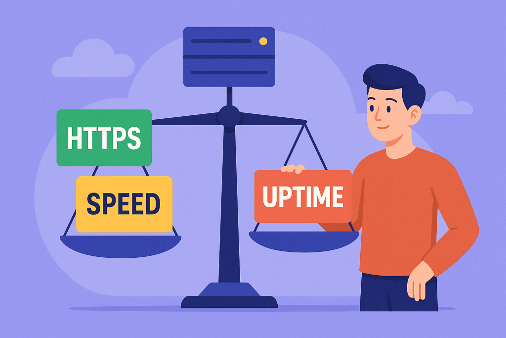 Чоловік тримає ваги, де з одного боку розташовані показники HTTPS і Speed, а з іншого — Uptime.