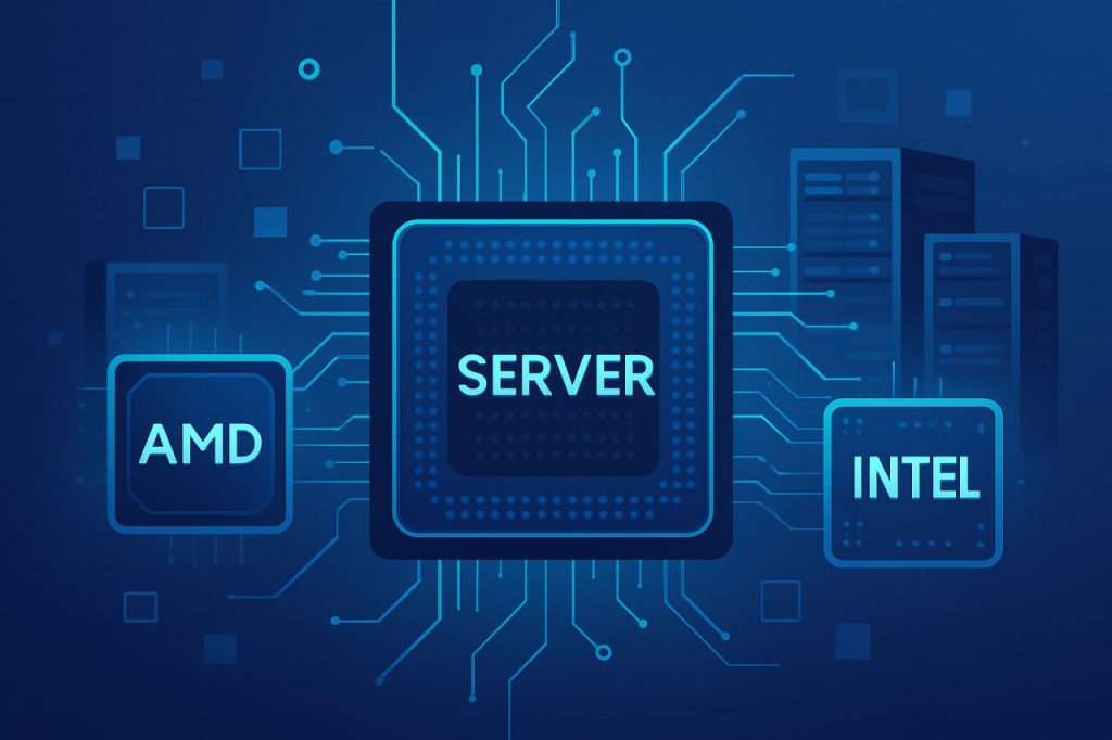 Центральний процесор із написом «Server» у центрі, ліворуч блок із написом «AMD», праворуч блок із написом «Intel», на фоні стилізовані сервери та плата з електронними доріжками.