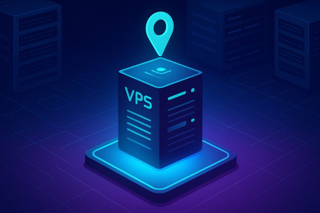 Ілюстрація сервера з підсвічуванням та написом VPS, над яким розташований значок геолокації. Темне тло з іншими серверами символізує інфраструктуру дата-центру.