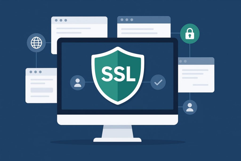 Монітор з великим зеленим щитом SSL на екрані, навколо якого зображені піктограми вебсторінок, замка, користувача та глобуса.