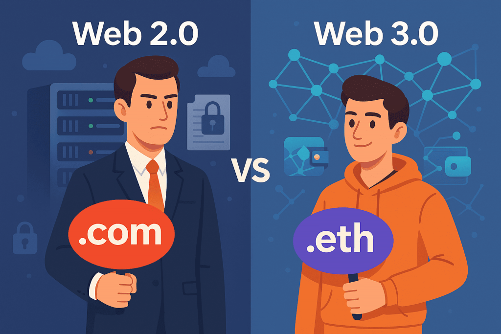 Два персонажі символізують Web 2.0 і Web 3.0: один у діловому костюмі тримає табличку ".com", інший у худі тримає табличку ".eth", на фоні серверів та блокчейн-мережі.