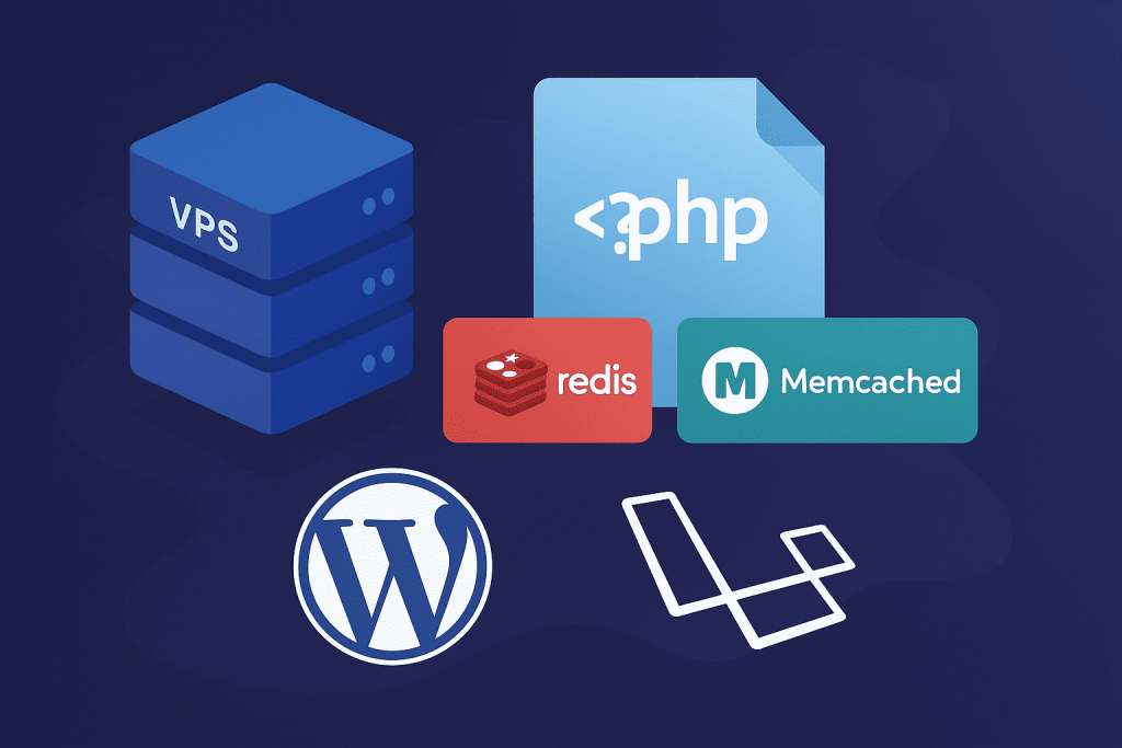 Сервер VPS із логотипами PHP, Redis, Memcached, WordPress і Laravel, що символізують оптимізацію продуктивності сайтів.