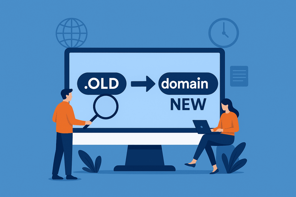 Екран із написом про перехід від старого домену (.OLD) до нового (domain NEW), поруч чоловік із лупою та жінка з ноутбуком.