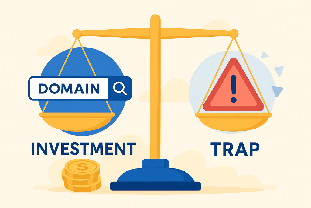 Терези з написами «Domain Investment» і «Trap», що символізують вибір між вигідною інвестицією в преміум-домени та ризиком фінансової пастки.