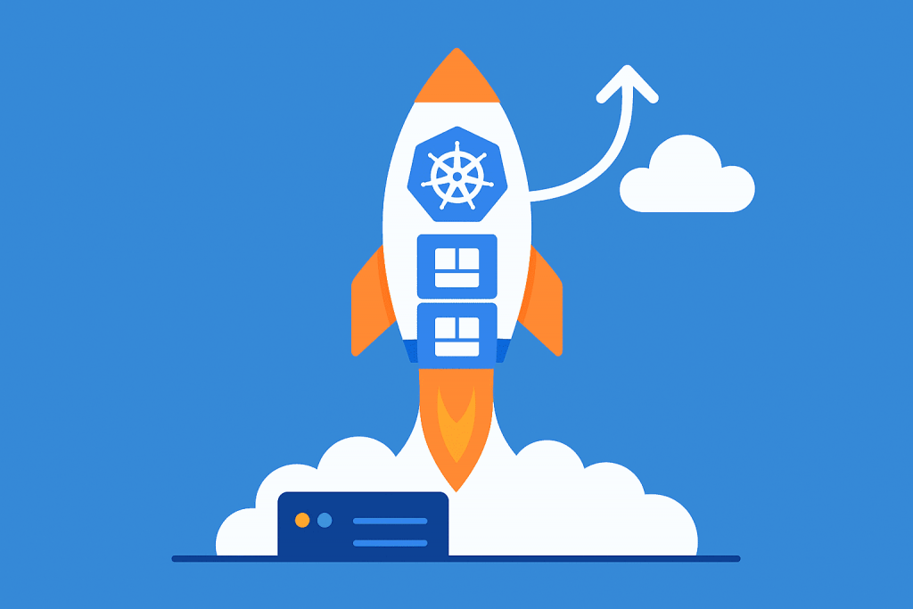Ракета з логотипом Kubernetes і контейнерами Docker на корпусі злітає вгору з хмари.