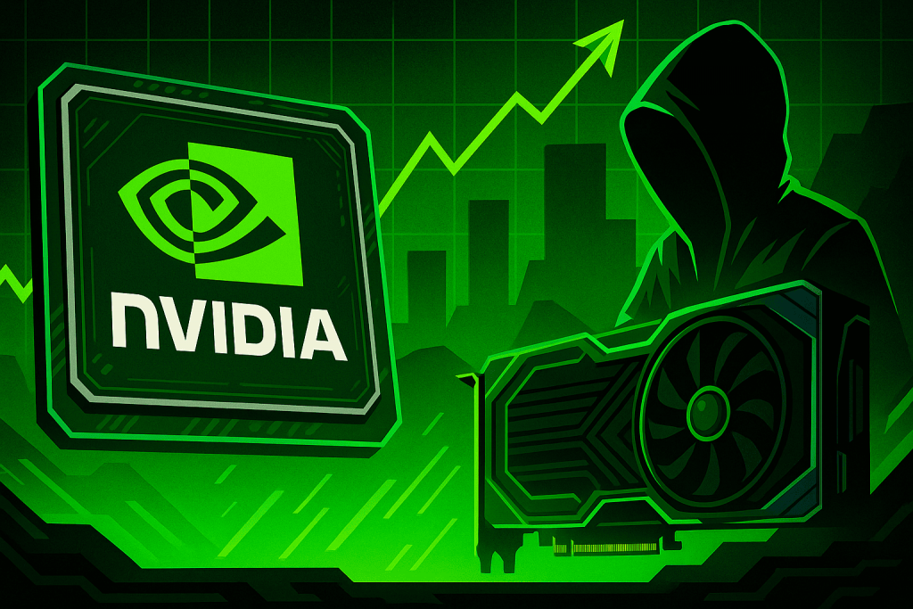 Логотип Nvidia на фоні зеленого графіка зростання та силует людини в капюшоні поруч із відеокартою.