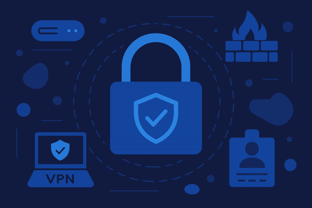 Замок із галочкою в центрі, навколо елементи захисту — VPN, файрвол, сервер і ідентифікаційна картка.