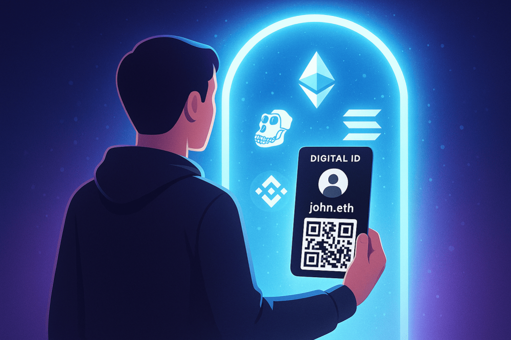 Людина тримає цифрове посвідчення з написом "john.eth" перед яскравим порталом із логотипами криптовалют і блокчейн-мереж.