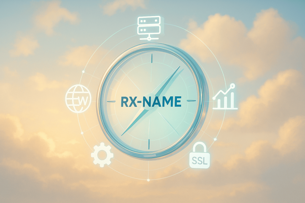 Компас із написом RX-NAME у центрі, навколо якого розташовані піктограми сервера, шестерні, замка SSL, графіка та глобуса.