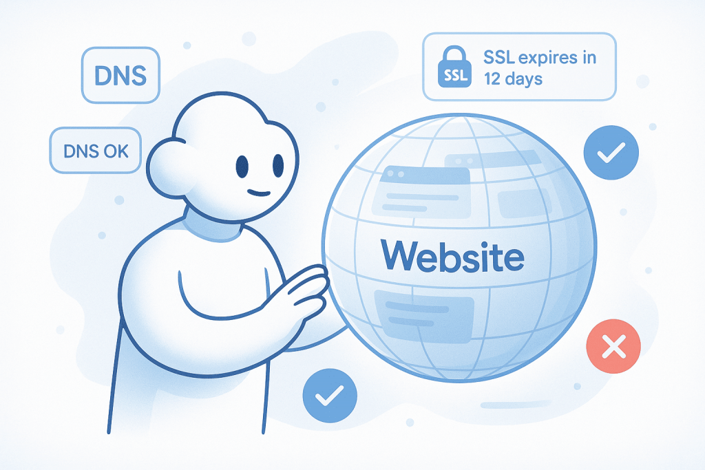 Персонаж перевіряє глобус із написом «Website», навколо якого відображаються статуси DNS і повідомлення про закінчення SSL-сертифіката через 12 днів.