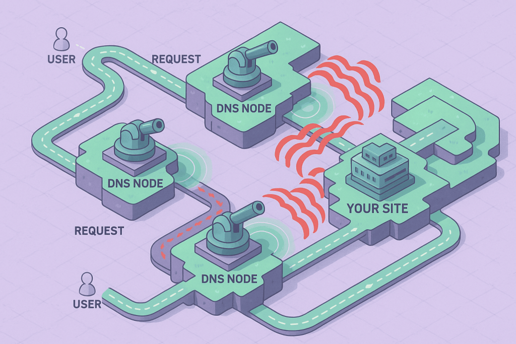 Схема маршрутизації користувацьких запитів через кілька DNS-вузлів до сайту з використанням Anycast.