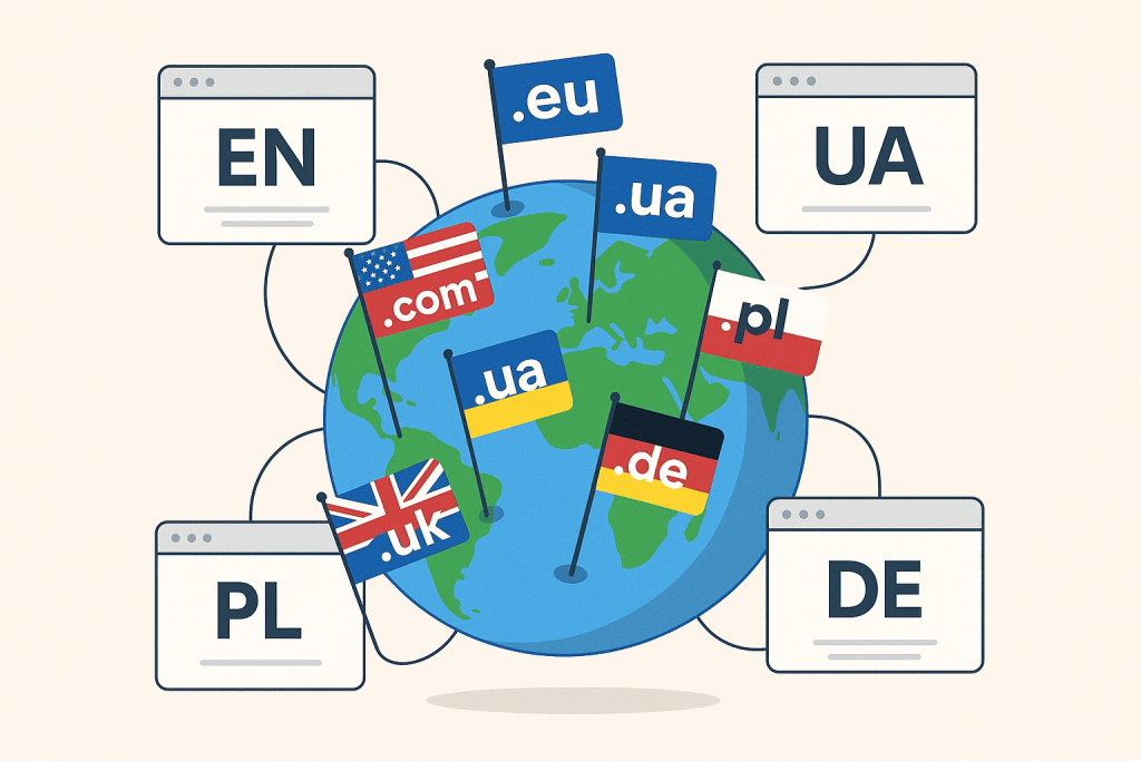Земна куля з прапорами різних доменних зон (.com, .ua, .de, .pl, .uk, .eu) та вікна браузерів із позначенням мов EN, UA, PL, DE.