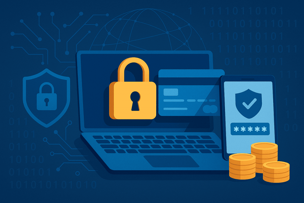 Ноутбук із замком на екрані, банківські картки, смартфон із захистом та монети символізують безпечні онлайн-платежі.