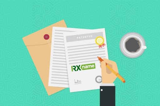 Рука підписує документ із логотипом RX-NAME та позначкою 'Patented'.