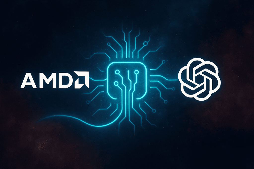 Логотипы AMD и OpenAI соединены стилизованным чипом, что символизирует сотрудничество в сфере искусственного интеллекта.