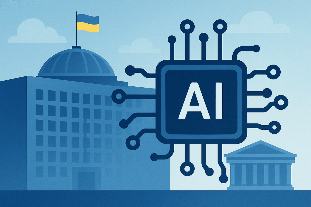 Мікросхема з написом AI поруч із будівлею під прапором України, на фоні державних установ.