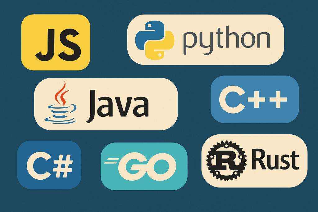 Зображення з логотипами популярних мов програмування: JavaScript, Python, Java, C++, C#, Go та Rust.