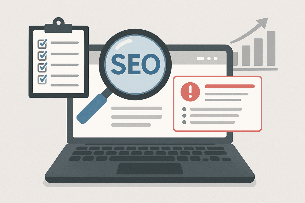 Ноутбук із лупою з написом SEO, чек-листом, попередженням про помилки та зростаючим графіком на фоні.