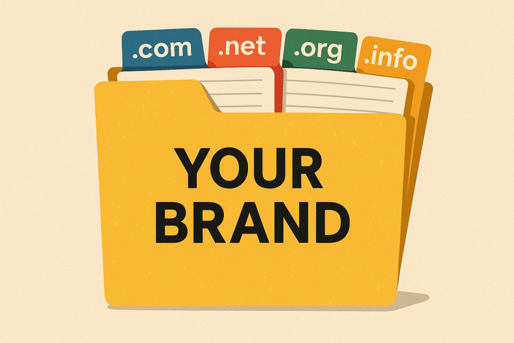 Жовта папка з написом "Your Brand", з якої стирчать картки з доменними зонами .com, .net, .org та .info.