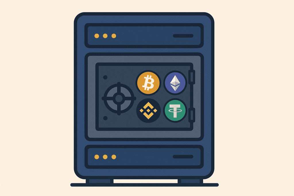 Сейф із криптовалютними символами Bitcoin, Ethereum, Binance і Tether, що символізує зберігання цифрових активів у безпечному середовищі.