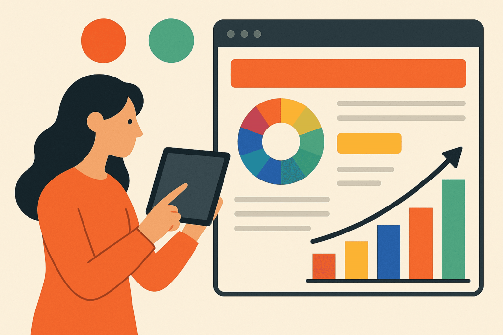Жінка тримає планшет і дивиться на екран із круговою діаграмою та зростаючим стовпчиковим графіком.