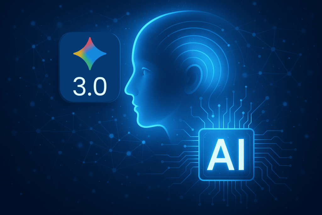 Світиться силует людського профілю поруч із логотипом Gemini 3.0 та іконкою AI з мікросхемами на тлі абстрактної мережі.