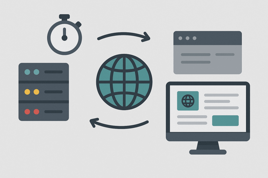 Іконки сервера, браузера, таймера та монітора, з’єднані стрілками навколо глобуса, що символізує оновлення DNS.