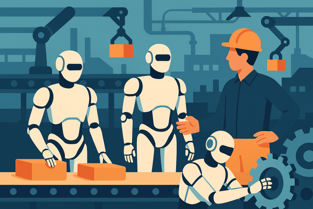 Людиноподібні роботи працюють разом з інженером на виробничій лінії, виконуючи складальні та технічні операції.