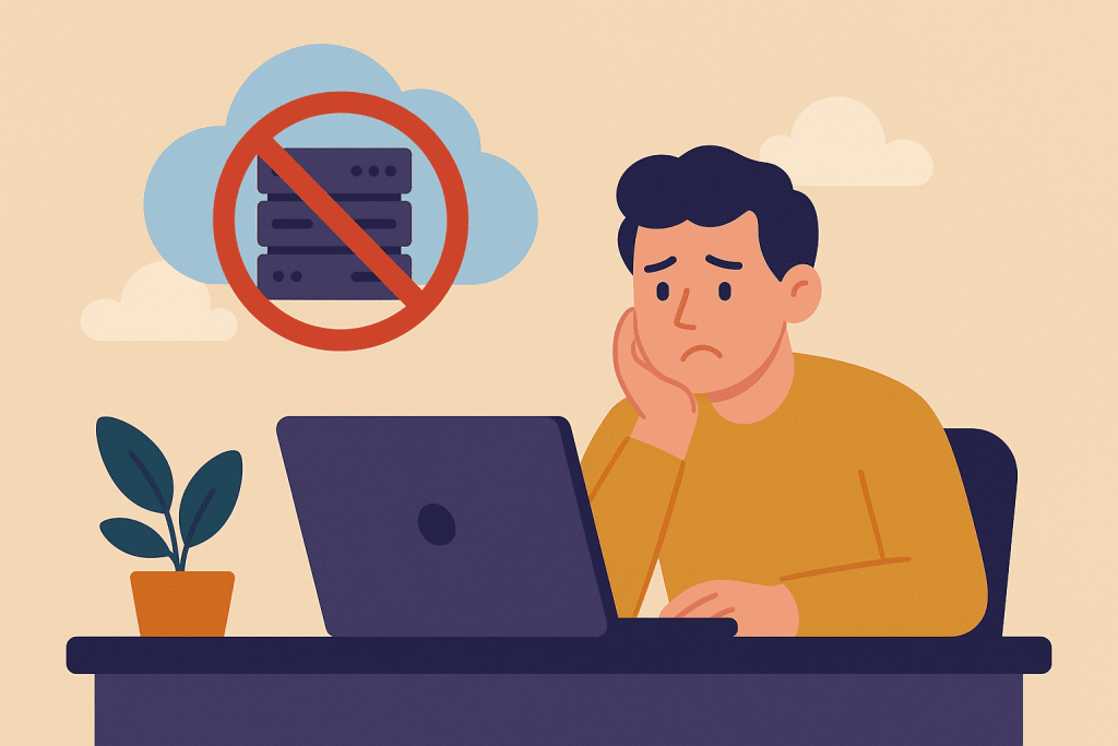 Засмучений користувач сидить за ноутбуком, а поруч показана іконка серверів, перекреслена заборонним знаком.