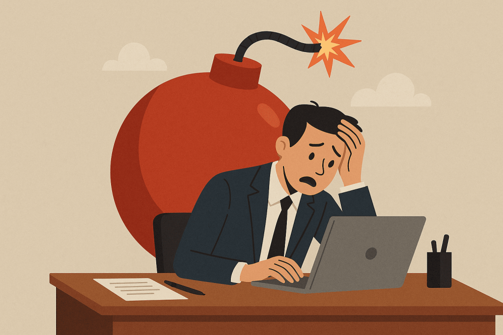 Працівник у стресі за ноутбуком, за його спиною велика бомба як символ ризику людського фактора.