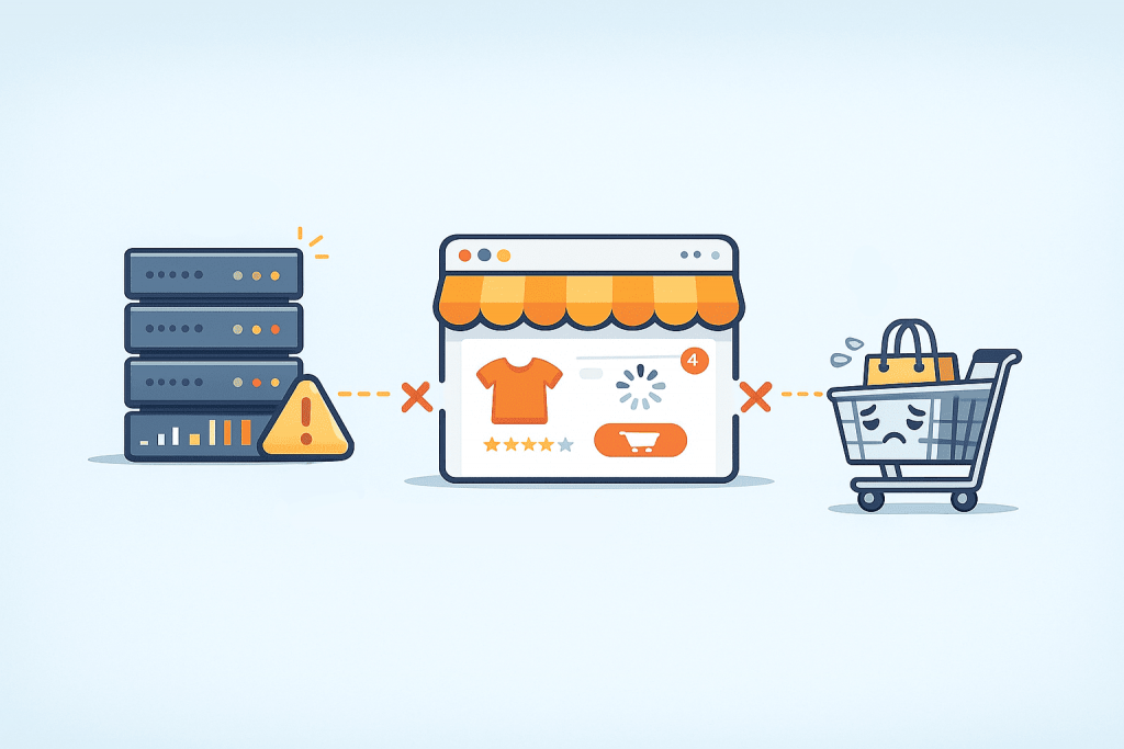 Сервер із помилкою, інтерфейс інтернет-магазину з проблемним завантаженням і кошик покупця, що символізують збої в роботі сайту.