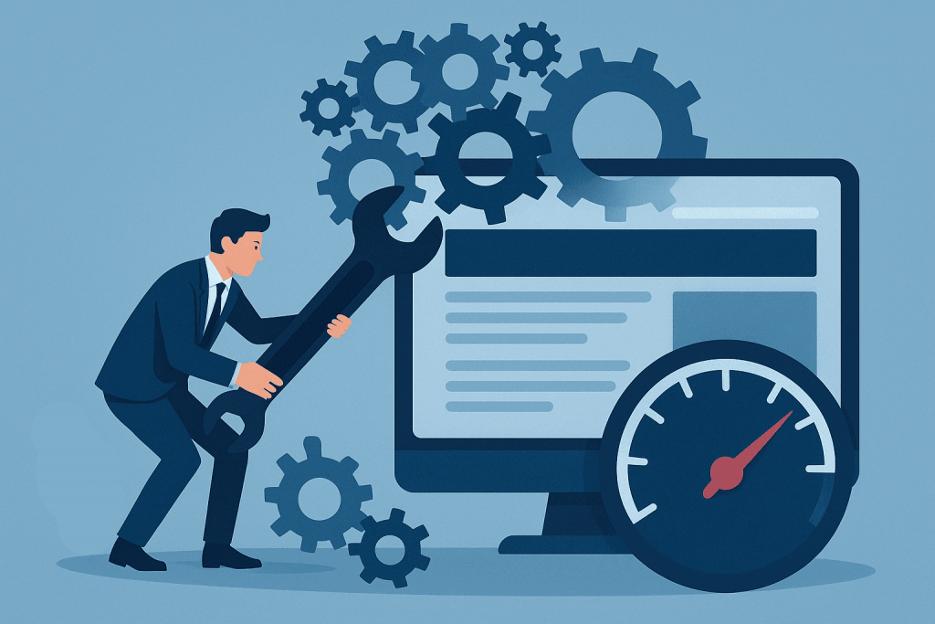 Чоловік із великим гайковим ключем налаштовує механізми біля монітора, на якому відображено вебсторінку, поруч із індикатором швидкості.