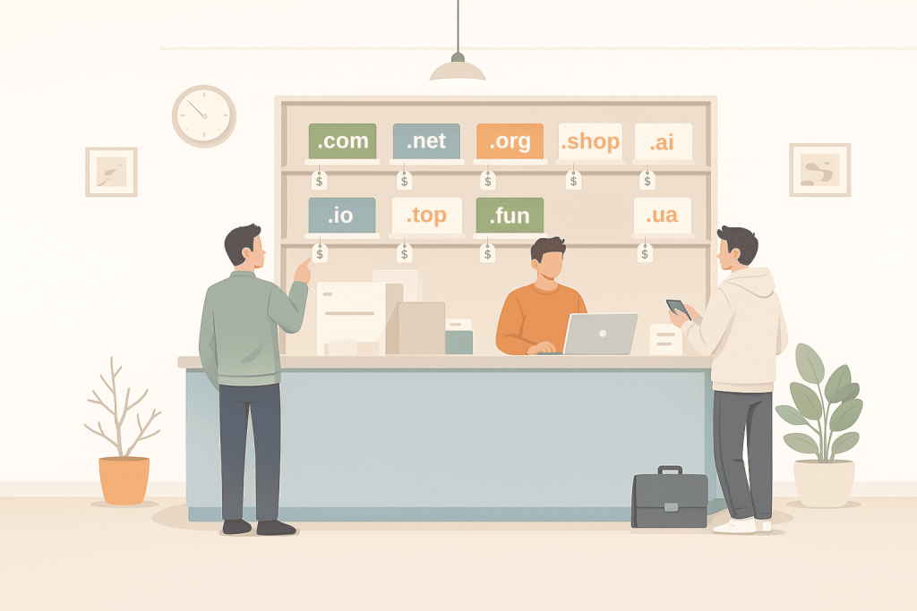 Люди біля стійки з доменними зонами .com, .net, .org, .shop, .ai, .ua з цінниками, що символізує купівлю та продаж доменів.