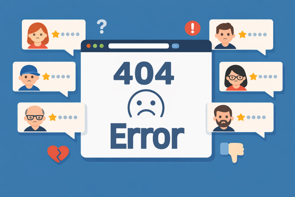 Екран браузера з написом “404 Error” і сумним смайлом у центрі, навколо — повідомлення з аватарками користувачів, низькими оцінками, знаками питання, попередженнями та негативними реакціями.