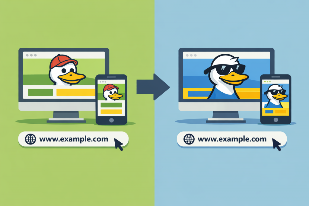 Однаковий сайт на комп’ютері та смартфоні до і після ребрендингу з незмінним доменним ім’ям.